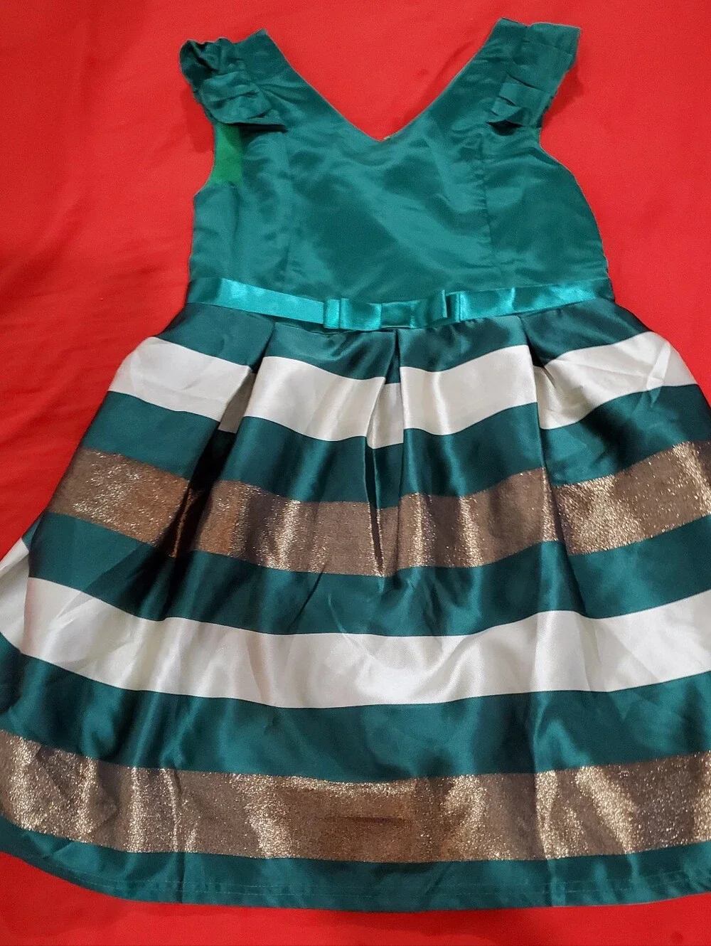Girls Emerald Green and Gold Striped Holiday Party Dress • Size 14/16 XL